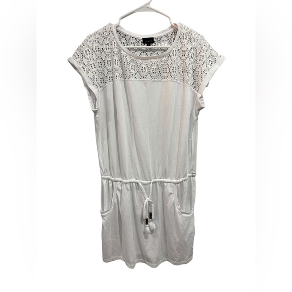 Talbots White Lace Yoke Jersey Knit Pocket Dress Medium cover up beachy summer - Picture 1 of 8
